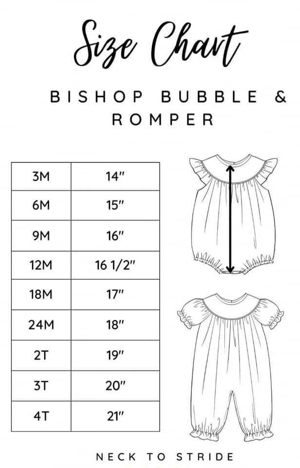 Bishop Bubble & Romper Size Chart