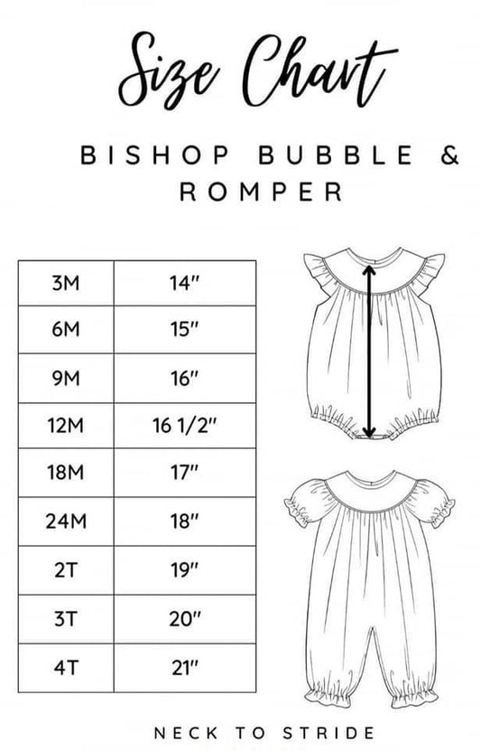 Bishop Bubble & Romper Size Chart