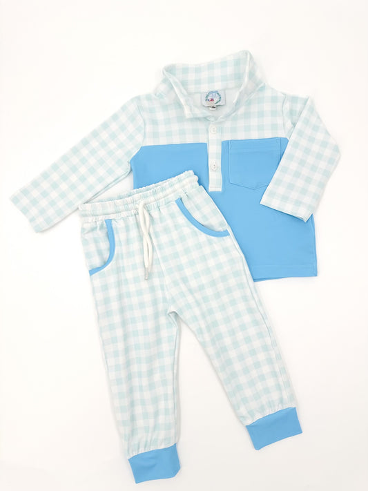 Blue Gingham Jogger Set Ready To Ship